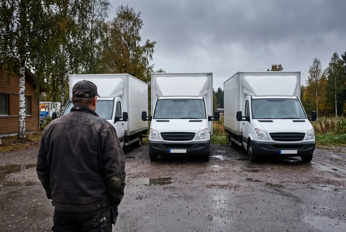 Åkeriägare sedd bakifrån på en gård med tre vita lätta lastbilar