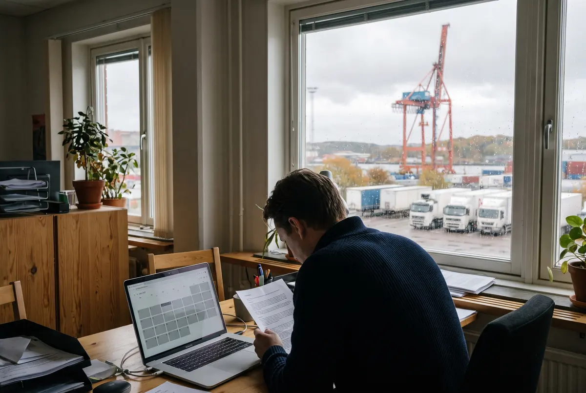 Trafikkonsult vid skrivbordet går igenom en rapport, genom fönstret syns Göteborgs hamn och parkerade lastbilar