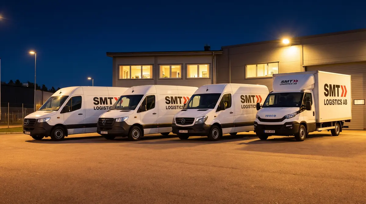 SMT Logistics skåpbilar och lastbil med bakgavellyft parkerade på gården i kvällsljus